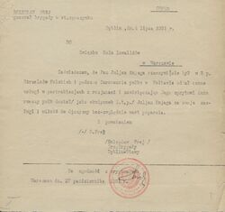 Załącznik do wniosku Juliana Kujagi o nadanie mu Krzyża Niepodległości – ponowne potwierdzenie jego służby w 3. Pułku Strzelców Polskich w Połtawie w 1917 r.